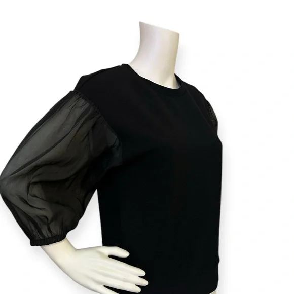 Organza Sleeve Mixed Media Top- Black - Picture 3 of 5